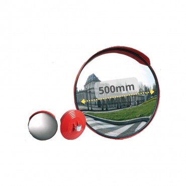 ESPEJO CONVEXO DE EXTERIOR CIRCULAR CON VISERA ROJA